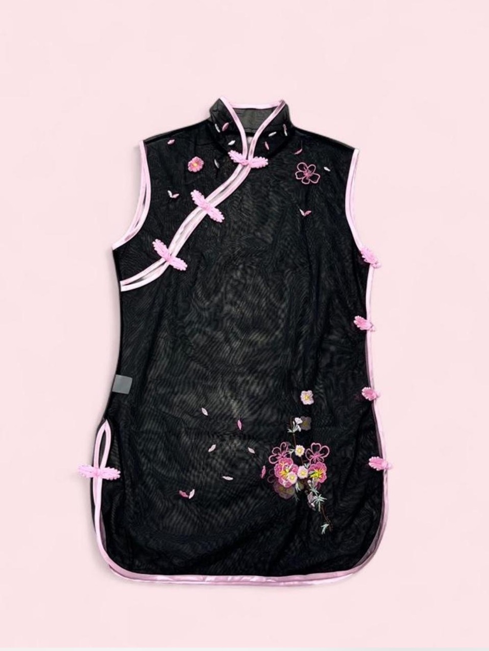 Black & Pink Embroidered Mesh Qipao Vest Top